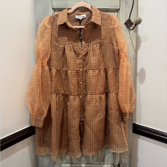 En Saison Gingham Organza Tiered Shirtdress NWT Small Brown - Picture 3 of 9